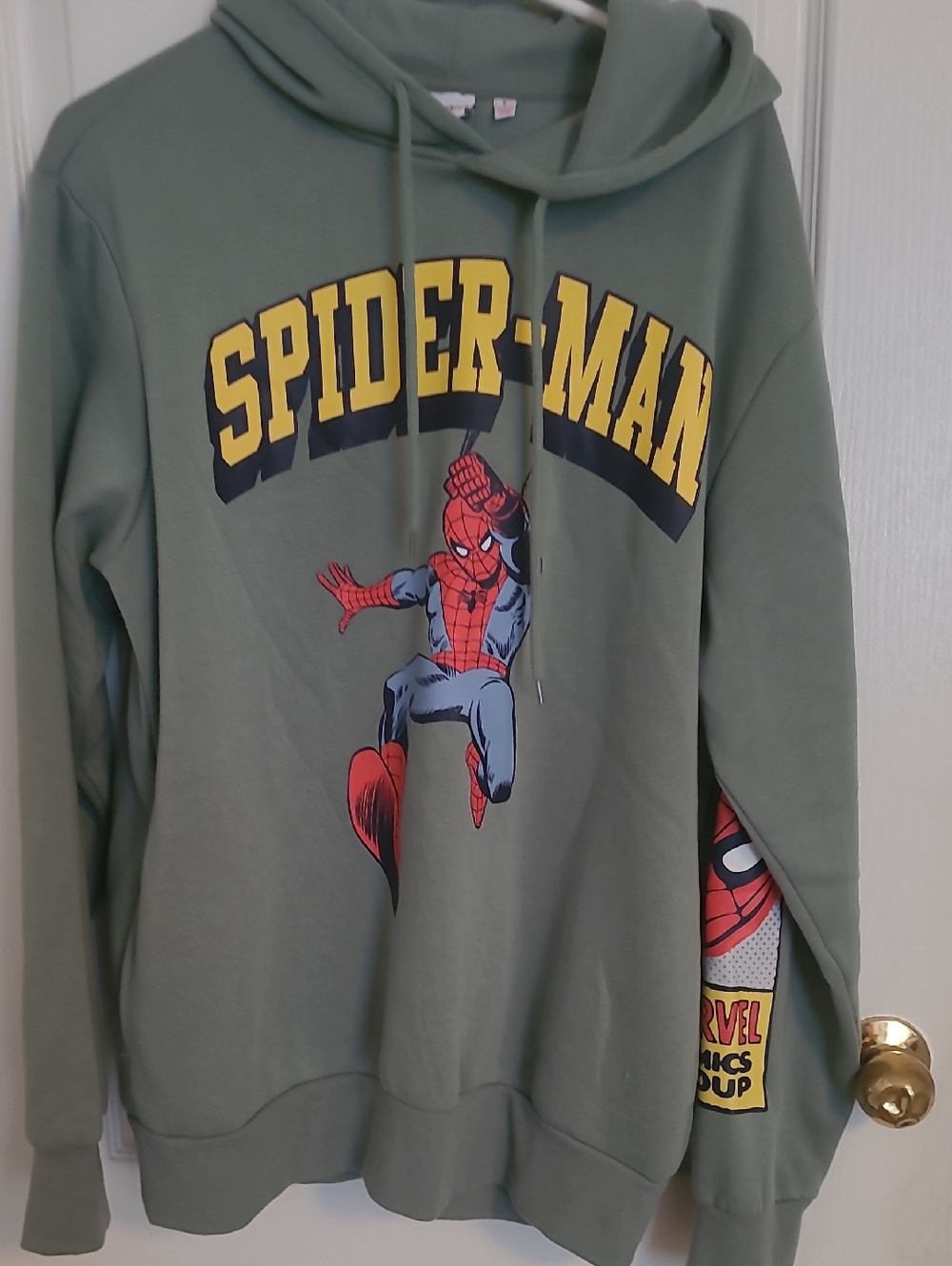 Spiderman Olive Green Hoodie with Yellow Logo and Red Graphic